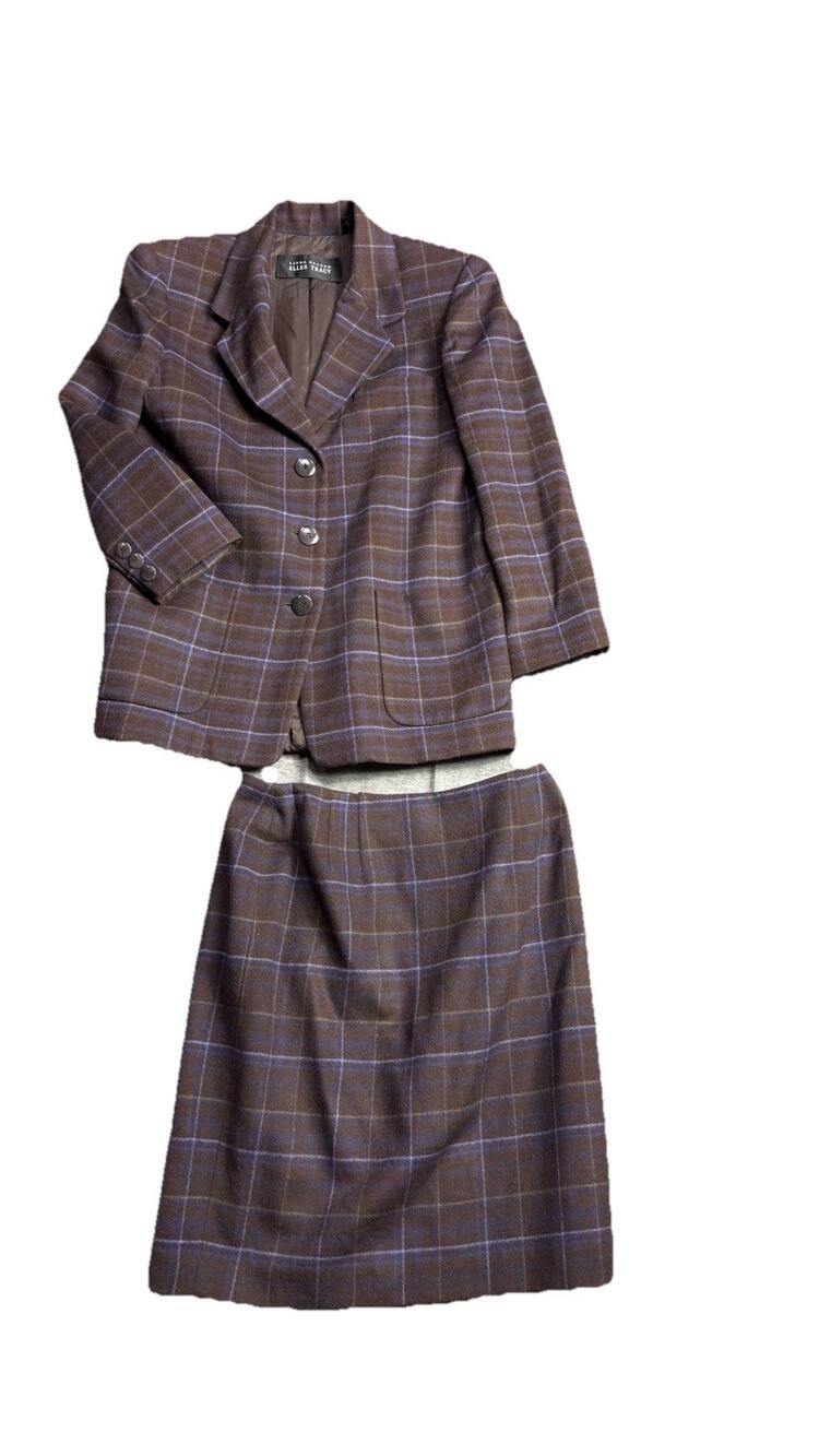 Vtg Linda Allard Ellen Tracy Women Brown Plaid Wool 2 Pc Skirt Suit Set Size 12P